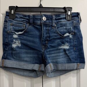 American Eagle Outfitters Dark Blue Distressed Rolled Hem Jean Shorts